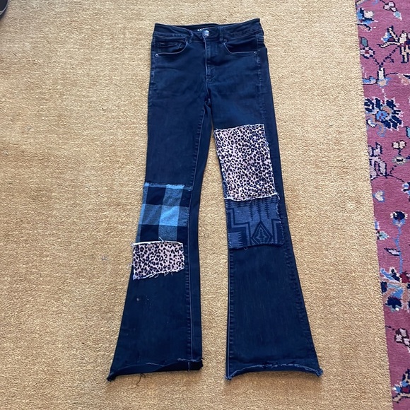 Bespoke patched mid-rise extra stretchy flare washed black denim - Picture 2 of 16